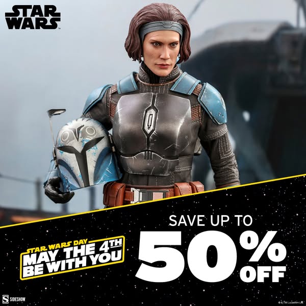 This image ad is promoting a sale on Star Wars merchandise. It features a high-quality action figure of a character from