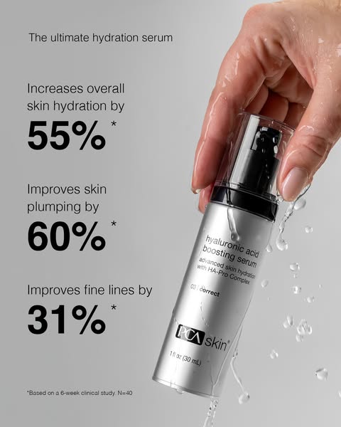 The image ad showcases PCA Skin's hyaluronic acid boosting serum as the ultimate hydration solution. It highlights t
