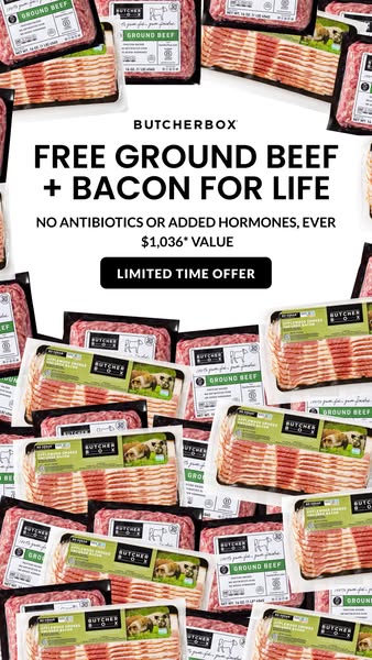 This ad features various packages of ButcherBox ground beef and bacon to promote a limited-time offer of free ground bee