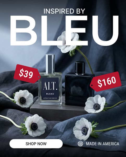 This image ad showcases two ALT. fragrances inspired by Bleu, offering a more affordable alternative. The ad uses a luxu