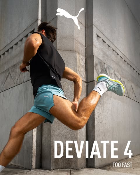 This image promotes the Puma Deviate 4 running shoe. The image showcases the shoe on a man in athletic apparel in an out