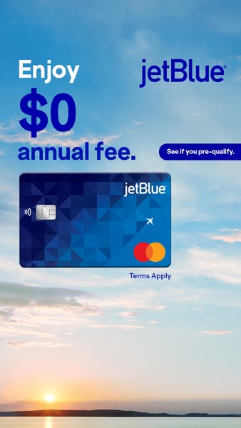 This ad promotes the JetBlue credit card, highlighting its $0 annual fee and encouraging viewers to see if they pre-qual
