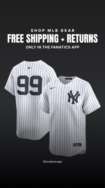 This image ad for MLB gear features two Yankees baseball jerseys and advertises free shipping and returns when ordering