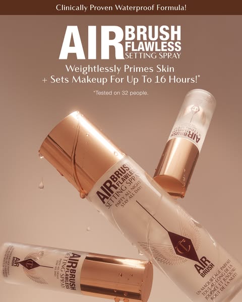 The ad promotes Airbrush Flawless Setting Spray. The ad features the benefits of the product: weightlessly primes skin, 
