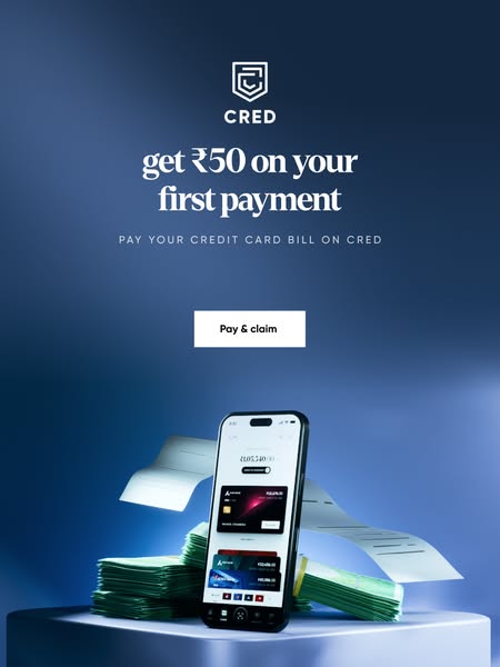 This ad promotes CRED, a platform for paying credit card bills, and offers ₹50 off the user's first payment.