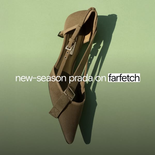 This ad features a single Prada shoe on a light green background with the headline "new-season prada on farfetch&qu