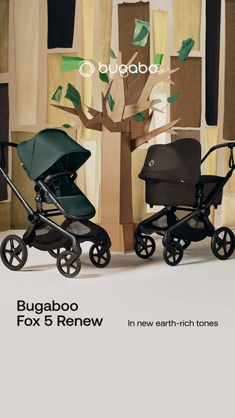 This ad showcases the Bugaboo Fox 5 Renew stroller in new earth-rich tones, using a visually thematic approach.