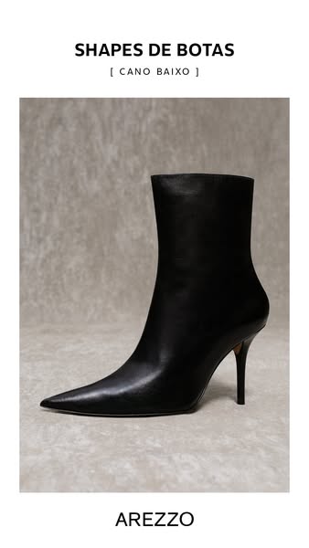 This image ad showcases a black, high-heeled boot from the brand Arezzo, emphasizing its stylish design and low shaft he