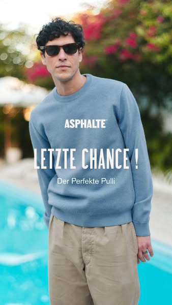 This ad is for ASPHALTE's sweater. The ad features a man wearing the product, with a background of a pool and plants