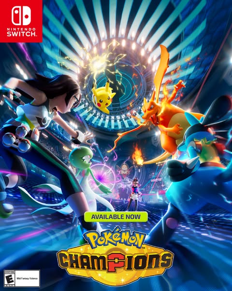 This is an advertisement for the video game "Pokemon Champions" on Nintendo Switch. The visual features an act