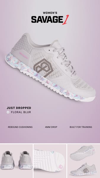 This ad showcases the Women's SAVAGE/1 training shoe, highlighting its new Floral Blur color and key features like r