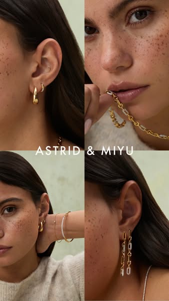 This image ad features 4 closeup views of a model wearing various pieces of jewelry from Astrid & Miyu. The model is