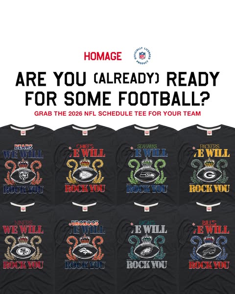 The ad features a range of dark-colored T-shirts, each displaying a different NFL team logo in a graphic design. The des