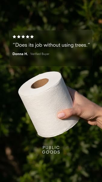 This ad is a testimonial from a verified buyer of Public Goods toilet paper. The testimonial states that it does its job