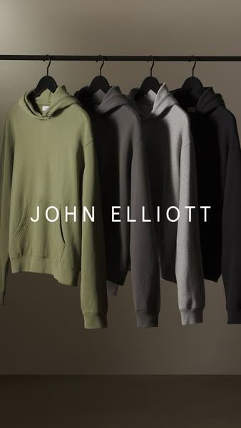 This ad showcases a collection of John Elliott hoodies in various neutral colors, emphasizing the brand's name and a