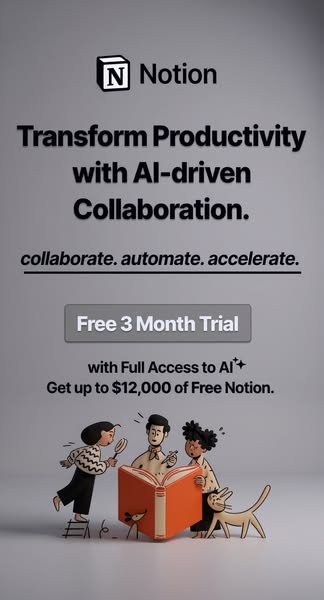 This image ad for Notion promotes its productivity platform, powered by AI, with a free 3-month trial and the opportunit