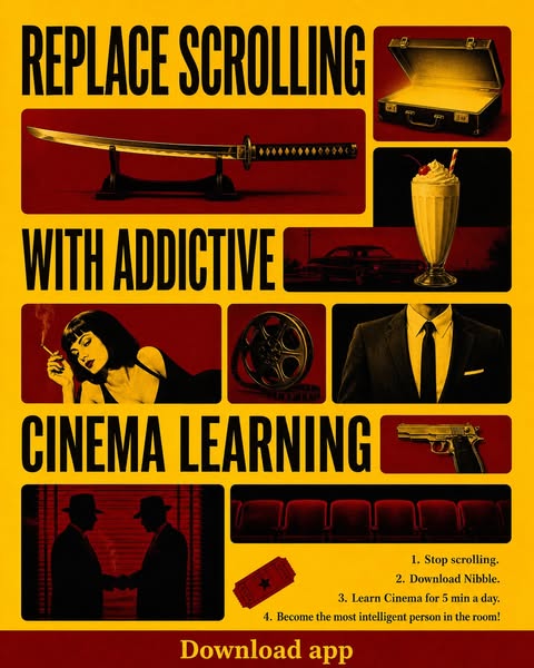 This image ad promotes an app called Nibble that teaches cinema. The ad encourages users to stop scrolling on their phon