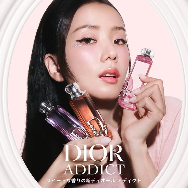 This image ad showcases three Dior Addict perfumes with a celebrity endorsement.