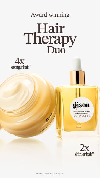 This ad features Gisou's hair therapy duo. The ad showcases the products and calls out claims that they strengthen a