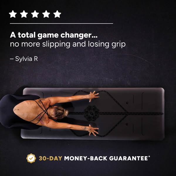 This ad features a yoga mat with a testimonial from a customer who claims that using the mat has resolved their issues w