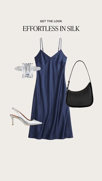 This image ad showcases an outfit for an effortless look, composed of a blue silk dress, sling back heels, a bag, and a 