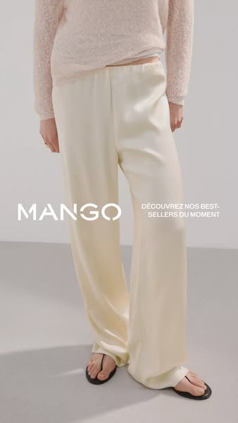This ad promotes Mango's best-selling pants. A person is wearing these pants and flip-flops in front of a solid ligh
