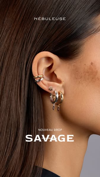 This image ad by Nébuleuse promotes their new drop of jewelry. It focuses on earrings and ear cuffs, showcasing them on 
