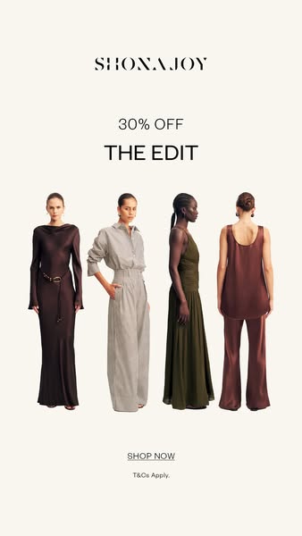 This ad for Shona Joy promotes a 30% off sale on 'The Edit' collection, showcasing a range of elegant dresses an