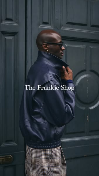 This ad features a man wearing a leather jacket from The Frankie Shop. The ad is meant to showcase the brand's cloth