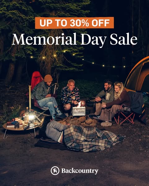 This ad promotes a Memorial Day Sale by Backcountry. The ad features a group of friends camping. The ad aims to inspire 