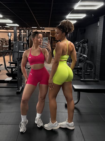 This ad features two women in workout clothes, showcasing different styles and colors of activewear. The ad leverages a 