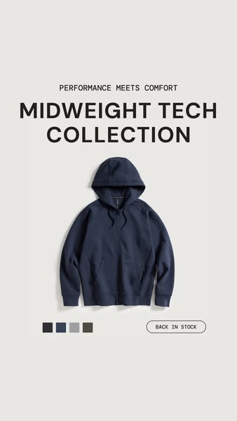 This ad showcases a hooded sweatshirt from the "Midweight Tech Collection" and emphasizes the brand's comm