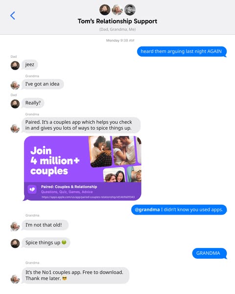 This ad uses the format of a text message thread between family members to showcase the Paired app. The conversation beg