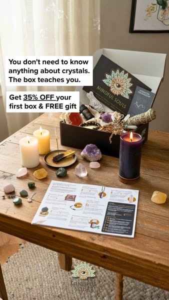 The ad showcases a Mindful Souls crystal box subscription, emphasizing that no prior knowledge of crystals is needed, as