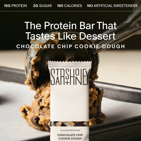 This ad is for Sarshney collagen protein bars, specifically in the chocolate chip cookie dough flavor. The protein bar i