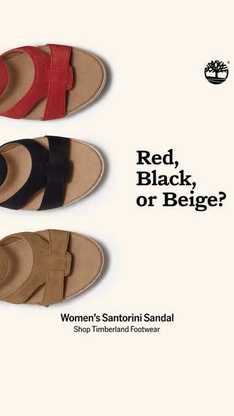 This ad showcases Timberland's Women's Santorini Sandal in three color options—red, black, and beige. It is desi