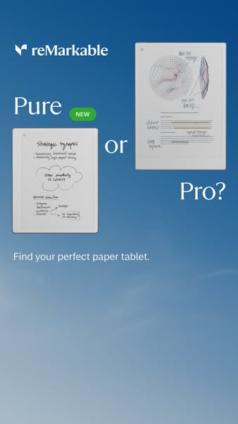 This ad is comparing the reMarkable Pure and reMarkable Pro paper tablets to help the viewer decide which one is the per