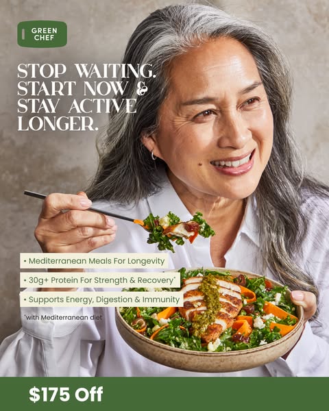 This image ad for Green Chef features an older woman eating a salad, emphasizing the meal delivery service's benefit