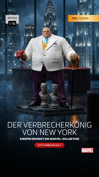 This ad promotes the Marvel Kingpin Art Scale 1/10 statue. The image features a high-quality statue of the Kingpin chara