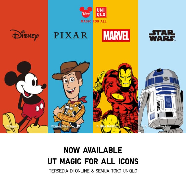 The ad showcases the UT Magic For All Icons collection from Uniqlo. It features beloved characters from Disney, Pixar, M
