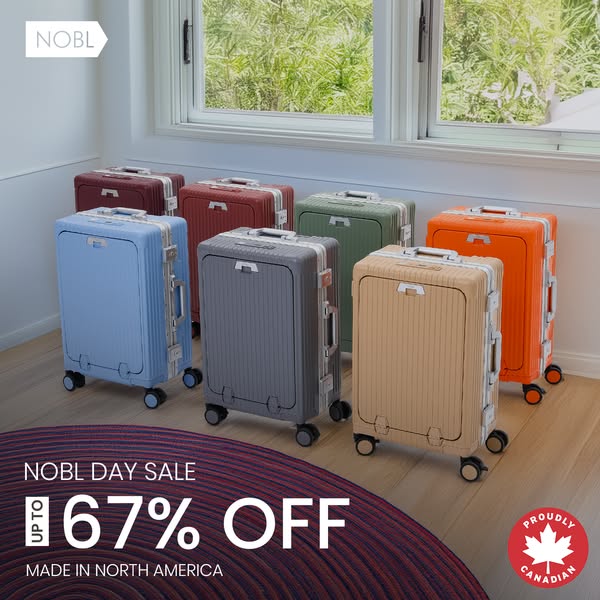 This ad is for NOBL brand luggage. The ad showcases a variety of different colored carry-on bags in a row, highlighting 