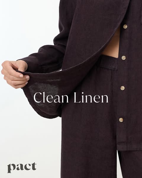 This ad showcases a dark brown linen pajama set from Pact, emphasizing the clean and comfortable nature of the fabric. T