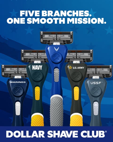 This ad by Dollar Shave Club features five different razors that each represents a branch of the US military. It feature