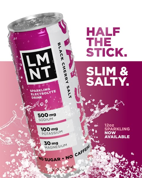 A can of LMNT Black Cherry Salt sparkling electrolyte drink is the central element of this advertisement, set against a 