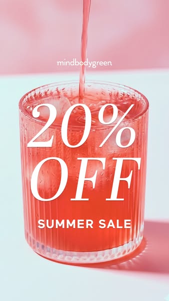 This ad image features a glass of pink liquid being poured into it and promotes a summer sale of 20% off from mindbodygr