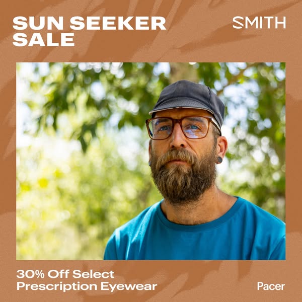 This ad for Smith eyewear features a bearded man wearing glasses in an outdoor setting. The ad promotes a sale on prescr