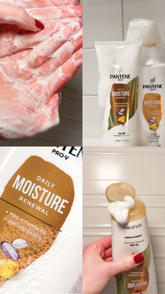 This ad features the Pantene Pro-V Daily Moisture Renewal shampoo and conditioner. It cycles through product shots that 