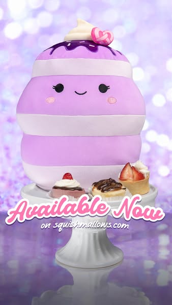 An ad for Squishmallows features a plushie that resembles a layer cake. Small desserts are arranged on the cake stand ne