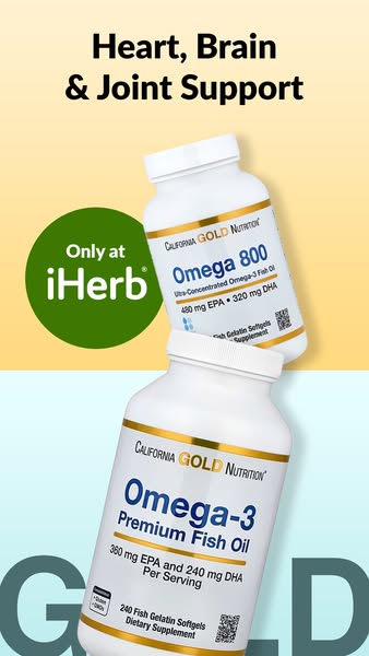 A stacked image ad for California Gold Nutrition products, advertising Omega 800 and Omega-3 Premium Fish Oil. The ad hi
