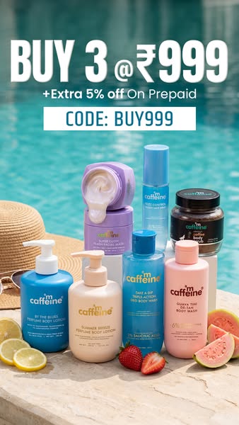 This image ad for mCaffeine promotes a limited-time offer where customers can purchase any three products for ₹999 and r